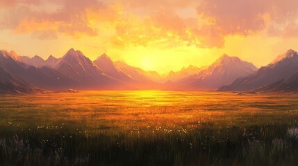 Obraz premium Golden Sunrise Over Mountain Range and Grassy Meadow Landscape Painting
