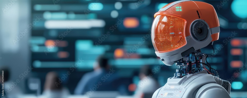 Poster learning analytics ai idea. futuristic robot with an orange helmet in a tech-driven environment.