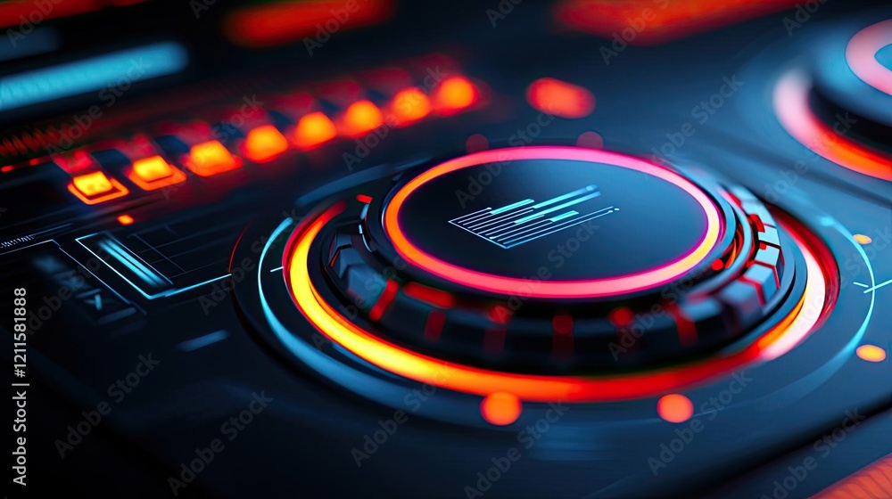 Poster virtual assistant ai concept. close-up of a modern audio mixing console with vibrant led lights.