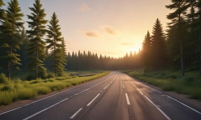 Fototapeta premium Landscape of a race track running through a serene green forest at sunset, green, sunset, serene