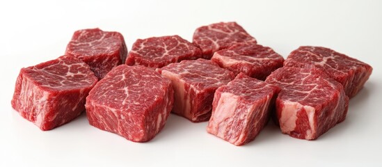 Fototapeta premium Prime marbled beef cubes displayed on a white background, showcasing rich red and white colors, perfect for grilling and outdoor cooking.