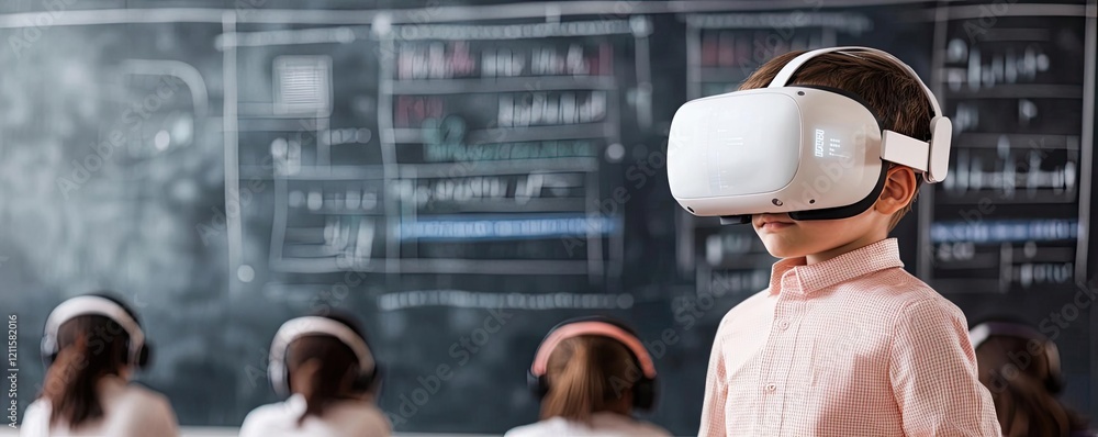Poster artificial intelligence ai concept. child using virtual reality headset in modern classroom for imme