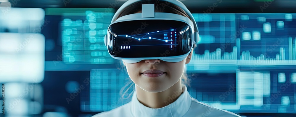 Poster artificial intelligence ai concept. a woman immersed in virtual reality with data visualization in t