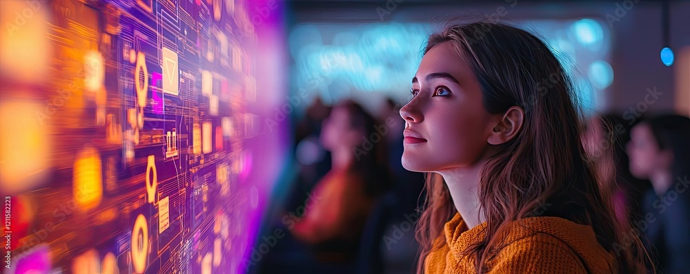 Poster learning analytics ai idea. a young woman observes a digital display with vibrant colors and data vi