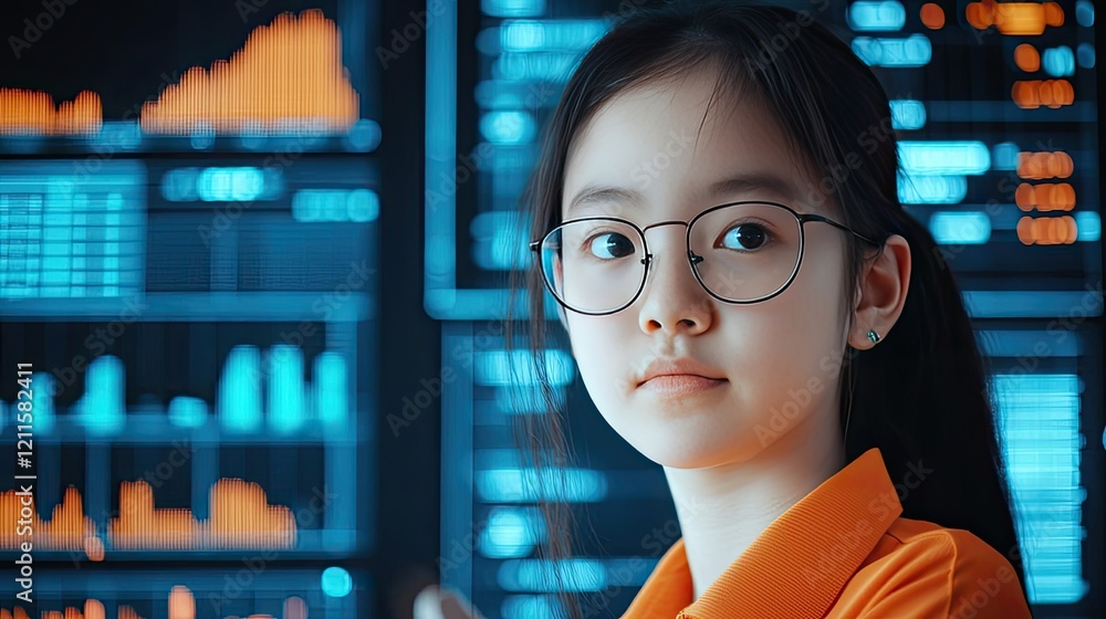 Poster learning analytics ai idea. young girl with glasses analyzing data on a digital interface for busine