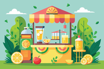 A colorful lemonade stand features various drinks and fruits, perfect for a sunny outdoor gathering in nature, Lemonade stand Customizable Disproportionate Illustration