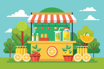 Fototapeta premium A vibrant lemonade stand brimming with fresh lemonade, fruits, and cheerful decor in a sunny park during summer, Lemonade stand Customizable Semi Flat Illustration