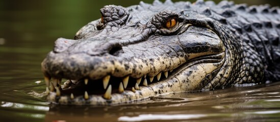 Obraz premium Close up of a crocodile emerging from dark water with a toothy grin showcasing green and gray skin patterns with an intense yellow eye.