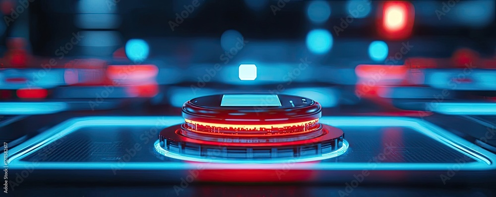 Poster virtual assistant ai concept. close-up of a modern digital button illuminated in vibrant blue and re