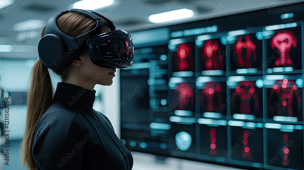Poster virtual assistant ai concept. a woman using a virtual reality headset in a futuristic tech environme