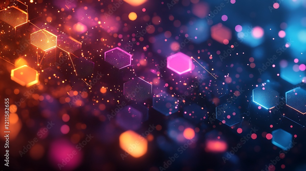 Wall mural a dark background with an abstract grid of glowing hexagon