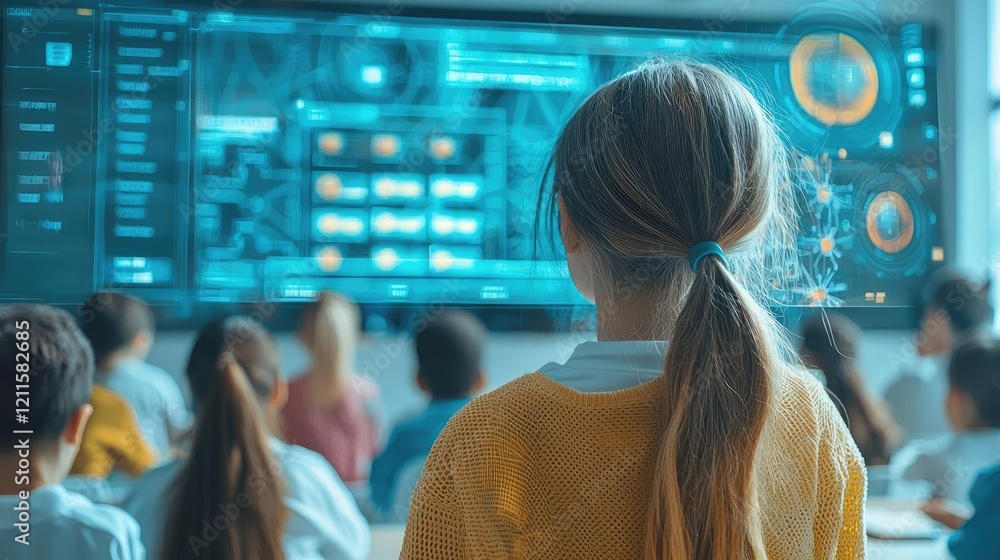 Aufkleber learning analytics ai idea. a student engages with an interactive screen during a modern classroom s