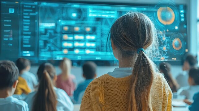 Learning analytics ai idea. A student engages with an interactive screen during a modern classroom session.