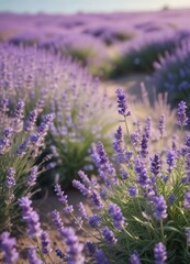 Obraz premium Soft focus on a sea of lavender flowers swaying in the wind, herbs, soothing, aromatherapy