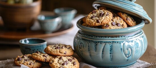 Ceramic pot with baked chocolate chip cookies on a wooden table with small bowls in soft blue and earthy tones showcasing a rustic kitchen scene