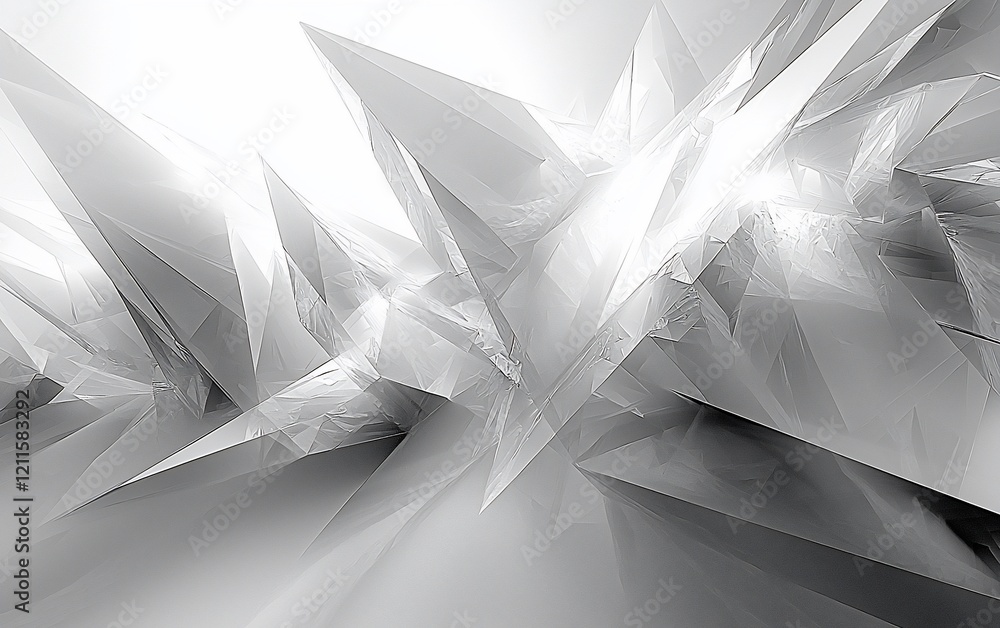 Poster abstract grayscale 3d rendering of sharp, crystalline structures.