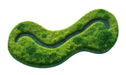 Aerial view meandering river, green meadow, lush vegetation, nature background, eco-design