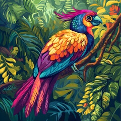Obraz premium Tropical Paradise: A vibrant, digitally-painted parrot with a rainbow of colors perches gracefully on a branch in a lush, tropical jungle.