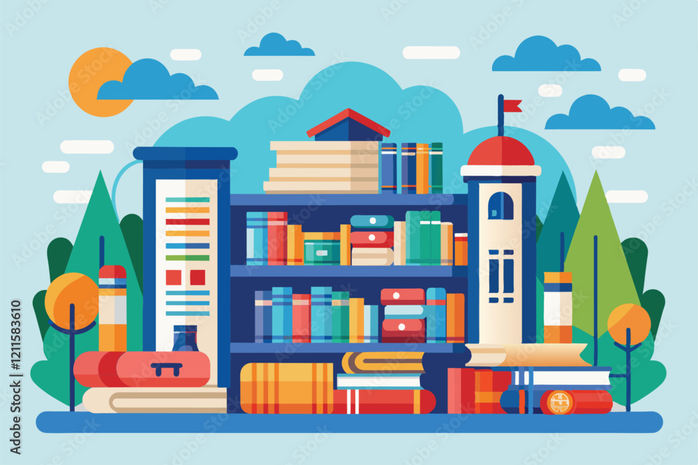 Poster a vibrant library setup with a large bookshelf and stacks of books nestled among trees, all under a 
