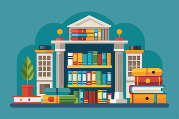 This vibrant library illustration showcases various bookshelves filled with books and plants, Library Customizable Semi Flat Illustration
