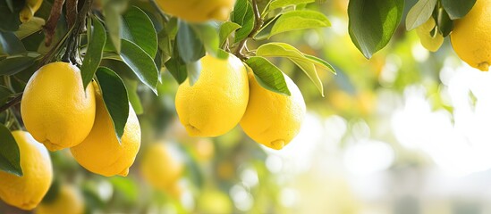 Fresh ripe yellow lemons hanging from lush green branches in a bright Italian garden, with natural sunlight illuminating the vibrant scene.