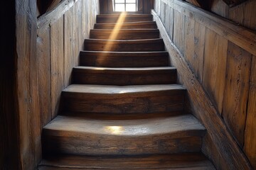 Obraz premium Sunlit rustic wooden staircase, aged wood.