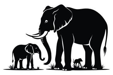 Fototapeta premium The shadows of a family of elephants walk in an orderly line together with their young children