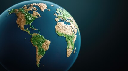 Fototapeta premium A detailed, 3D-rendered globe showcasing continents and oceans highlighted against a dark background.