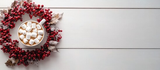 Cozy holiday scene featuring a white cup of hot cocoa topped with marshmallows surrounded by red berries on a light wooden background