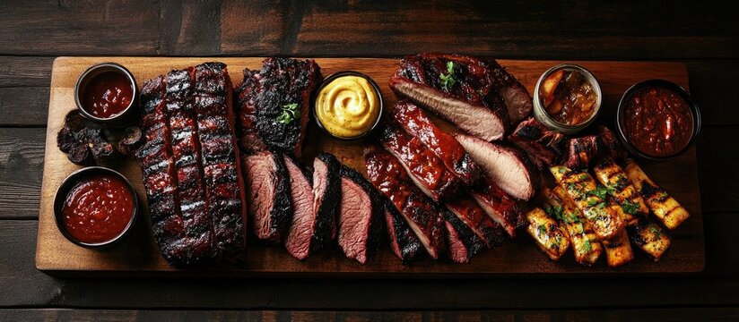 High-angle view of a beautifully arranged BBQ platter featuring various grilled meats including ribs, brisket, and skewers on a wooden table.