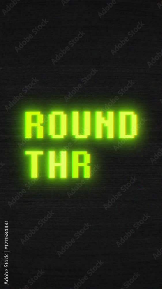 Poster vertical video animation of the title animation of round three in neon green on a dark, noisy backgr
