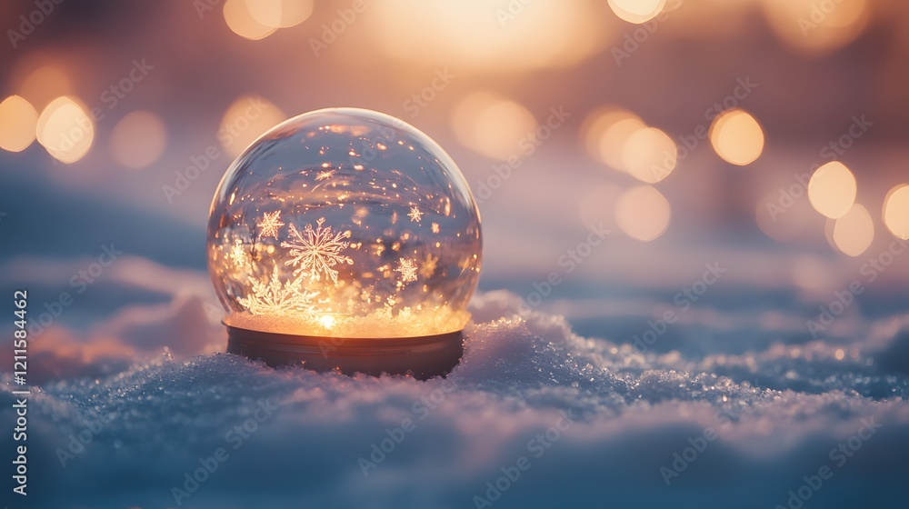 Poster illuminated snow globe with intricate snowflake design in winter snow
