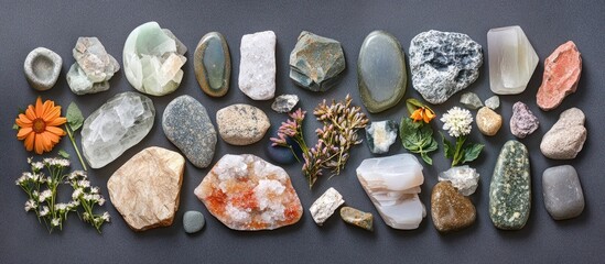 Assorted spa stones and natural elements arranged on a dark surface with flowers and greenery creating a tranquil atmosphere for wellness imagery