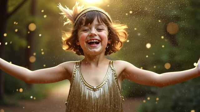 A young flapper in a fringe dress joyfully tosses confetti, embodying the 1920s carefree spirit.