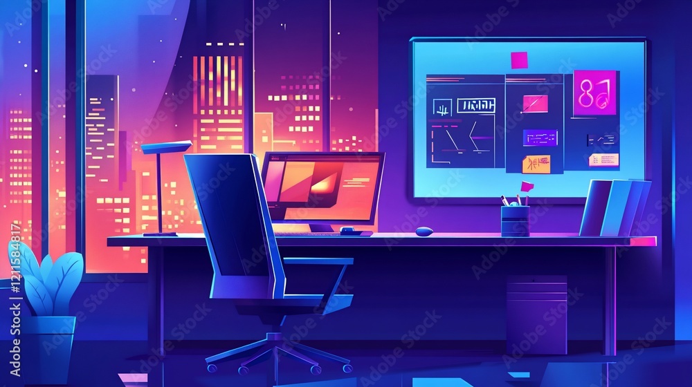 Aufkleber vibrant office workspace with a nighttime city view and glowing screens display data visualizations