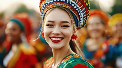 Fototapeta premium Vibrant Headdress Smiling Woman at Festive Event