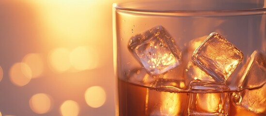 Close up of a whiskey glass with clear ice cubes illuminated by warm golden sunset light creating a captivating twilight ambiance.