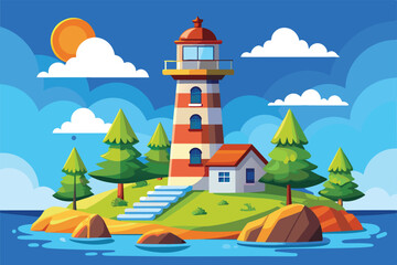 A vibrant lighthouse stands tall on a sunny island surrounded by trees and calm blue waters, Lighthouse Customizable Cartoon Illustration