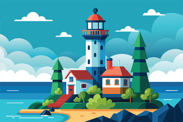 A unique lighthouse stands tall by the coast, accompanied by vibrant greenery and gentle ocean waves, Lighthouse Customizable Disproportionate Illustration