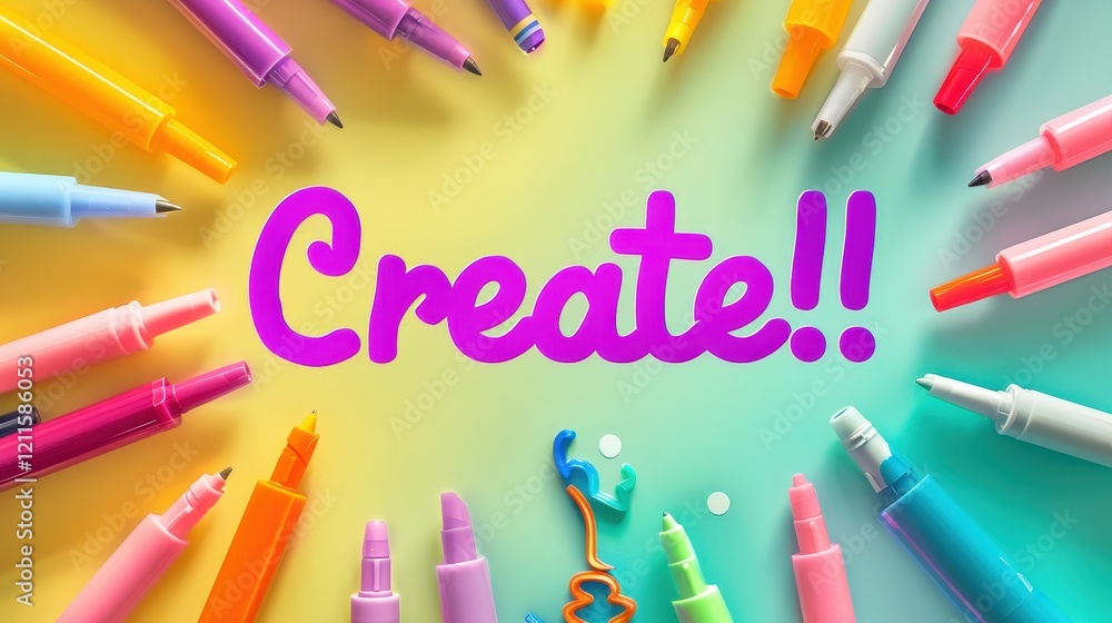 Poster bright markers surrounding create text in vibrant colors
