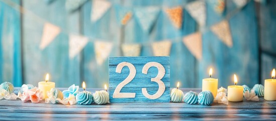 Joyful birthday celebration with blue wooden backdrop featuring the number 23, colorful cupcakes, and glowing oil candles on a festive table.
