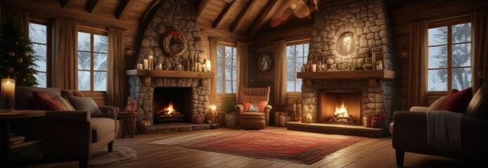 Cozy cabin in the woods with fireplace and Christmas decorations, winter wonderland, cozy cabin