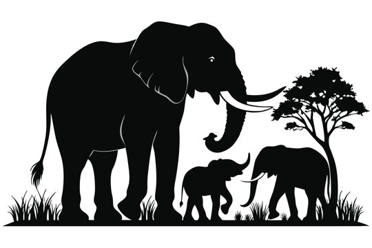 black elephant family silhouette in african savanna clip art preview
