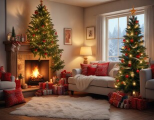 Cozy living room with Christmas tree and stockings, seasonal decor, cozy home decor