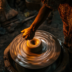 Fototapeta premium The Potter's Touch: A close-up shot of an artisan's hand shaping a clay pot on a spinning wheel, the motion blurred creating a captivating swirl of brown and orange.