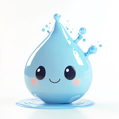 3d cute character design of blue happy kawaii raindrop