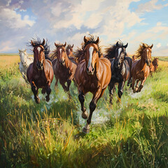 Fototapeta premium Wild Horses Running Free: A breathtaking panoramic view of a herd of wild horses thundering across a sun-drenched field, manes and tails flying, capturing the untamed spirit and power of nature.