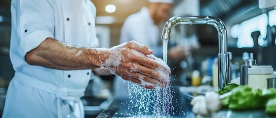 Chef washing hands, kitchen hygiene, food prep. (1)
