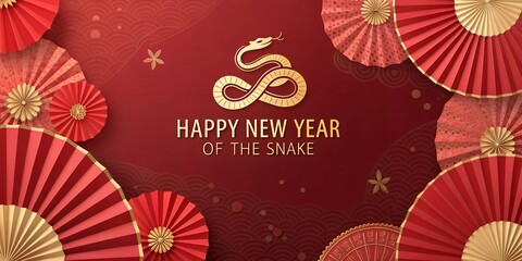 Happy Chinese New Year banner template. Red paper fans with golden snake on blurred red background