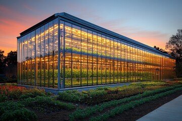Obraz premium Modern glass greenhouse, illuminated plants, sunset.